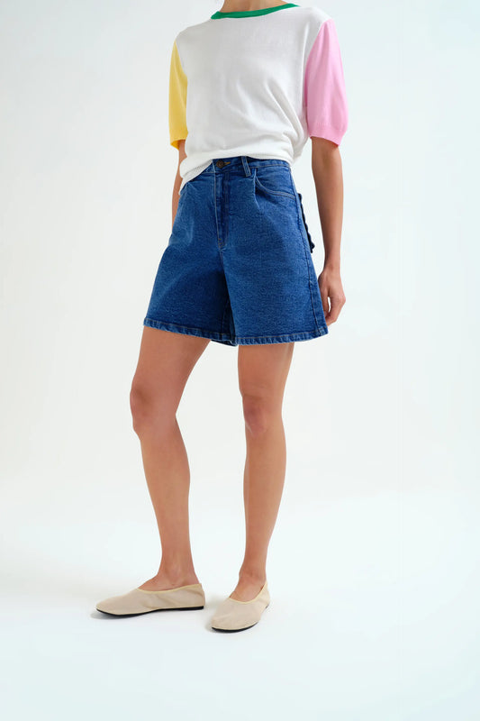 Blue denim shorts with wavy detail