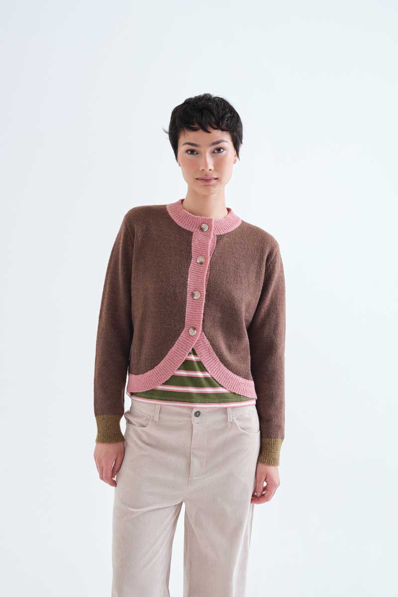 Brown and pink two-tone knit cardigan