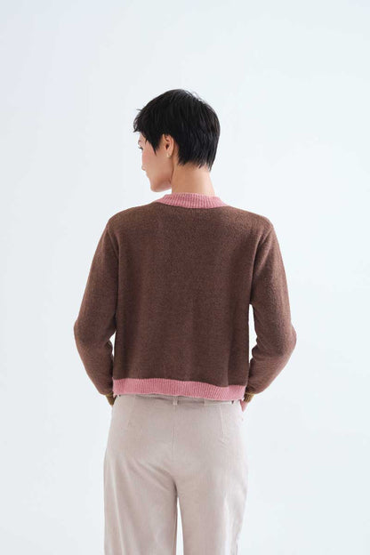 Brown and pink two-tone knit cardigan