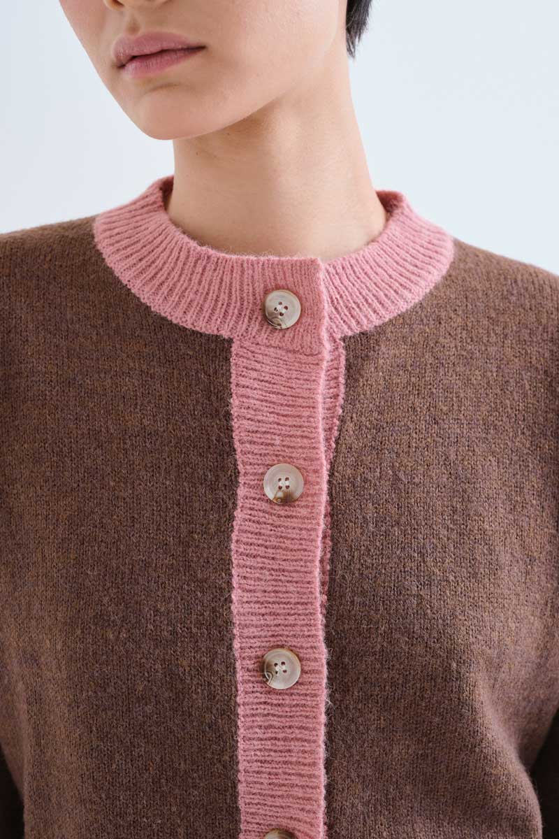 Brown and pink two-tone knit cardigan
