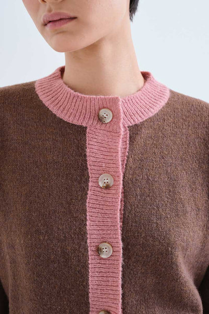 Brown and pink two-tone knit cardigan
