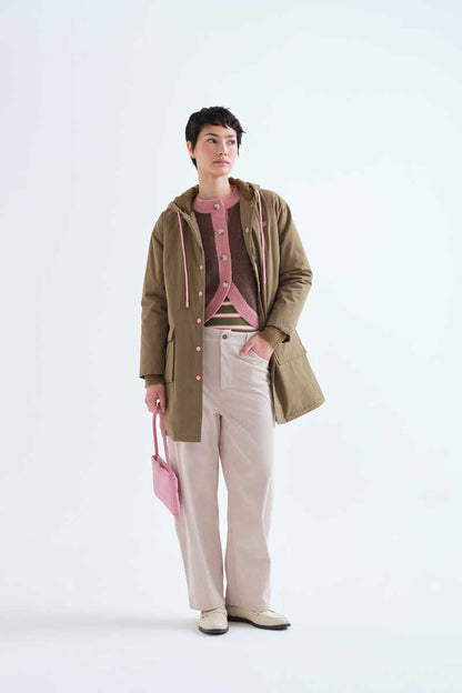 Brown and pink two-tone knit cardigan
