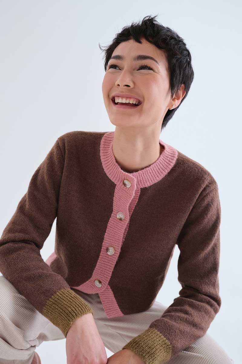 Brown and pink two-tone knit cardigan