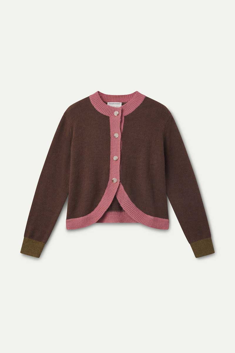 Brown and pink two-tone knit cardigan