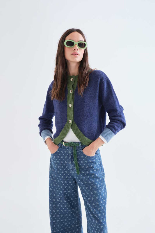 Blue and green two-tone knit cardigan