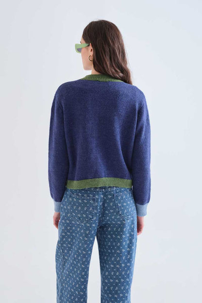 Blue and green two-tone knit cardigan