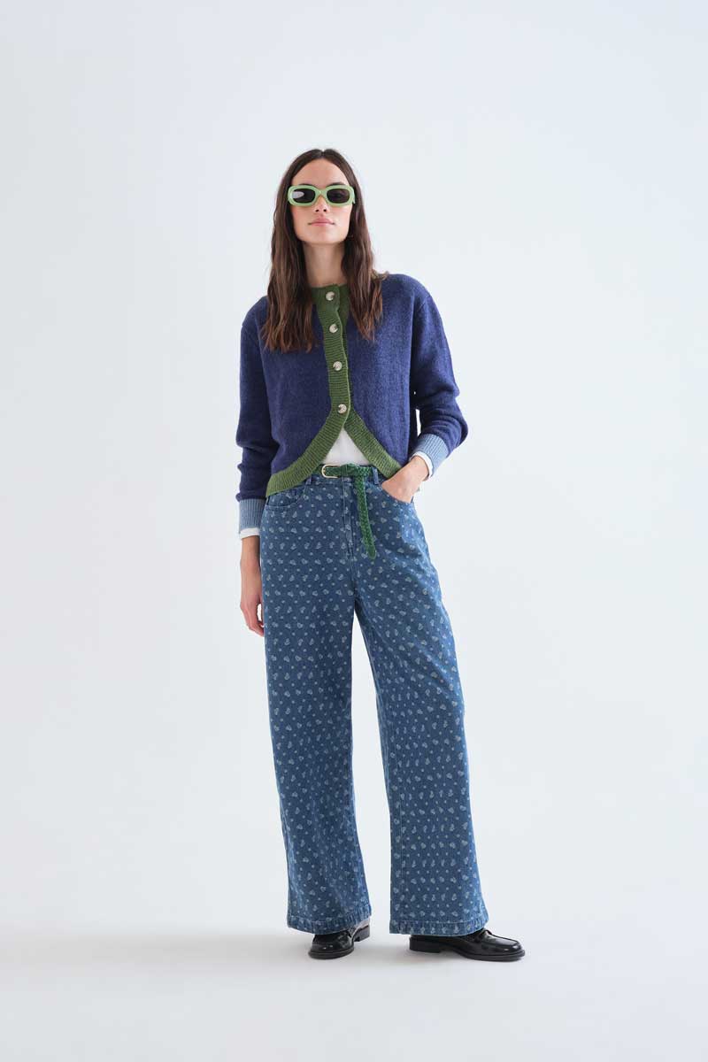 Blue and green two-tone knit cardigan