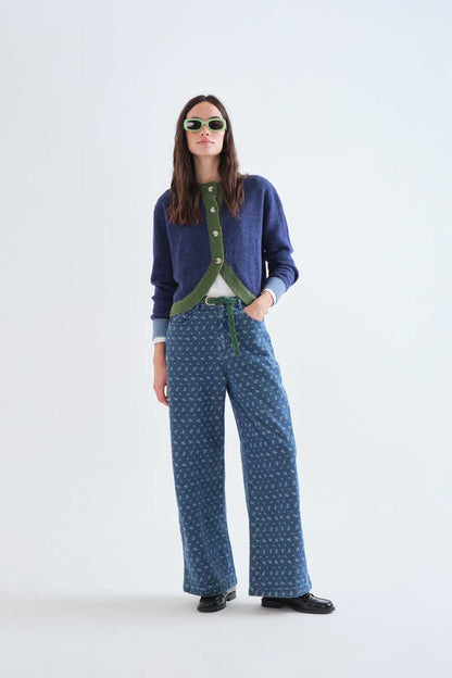 Blue and green two-tone knit cardigan