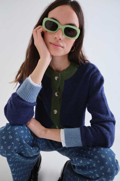 Blue and green two-tone knit cardigan