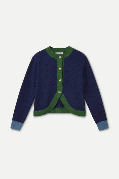 Blue and green two-tone knit cardigan