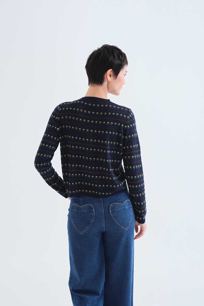 Navy blue cardigan with embroidered flowers