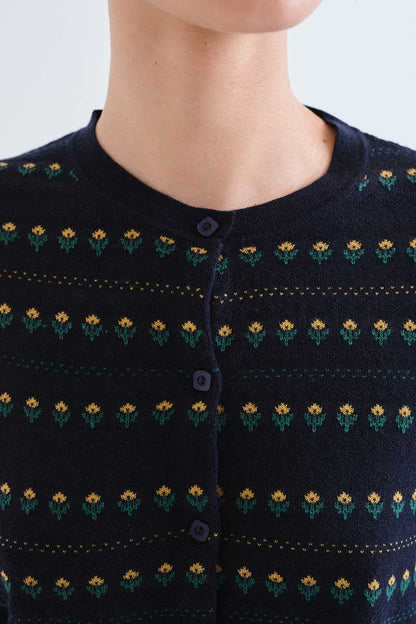 Navy blue cardigan with embroidered flowers