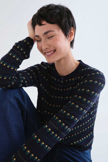 Navy blue cardigan with embroidered flowers