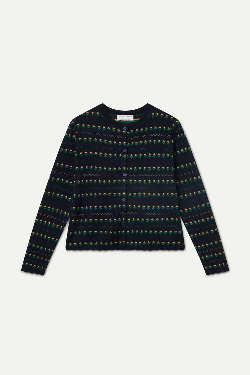 Navy blue cardigan with embroidered flowers