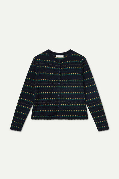Navy blue cardigan with embroidered flowers