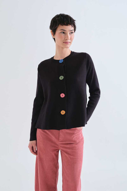 Black cardigan with large multicolor buttons
