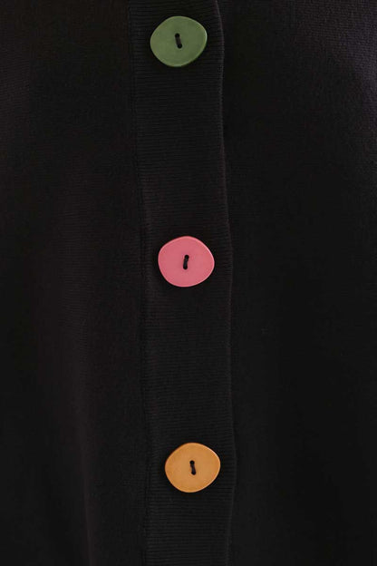 Black cardigan with large multicolor buttons