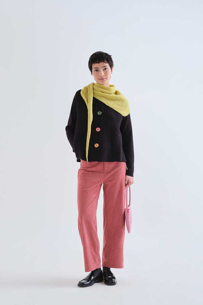 Black cardigan with large multicolor buttons