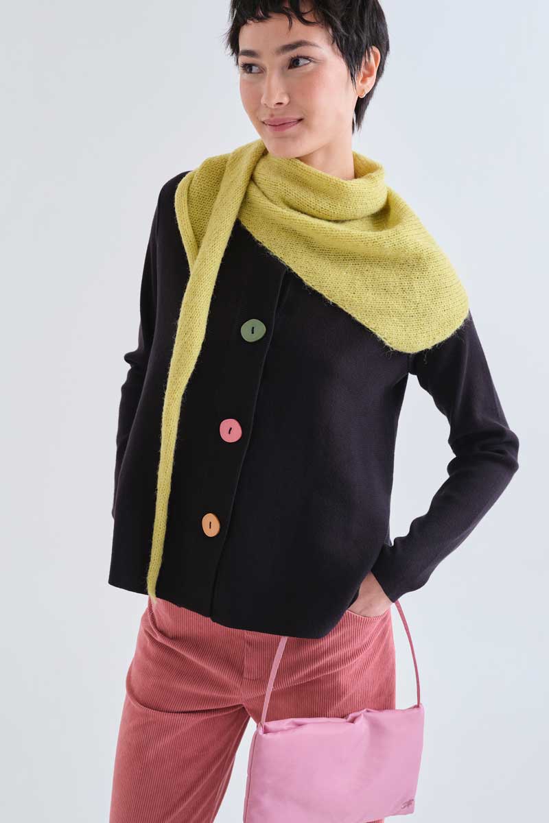 Black cardigan with large multicolor buttons