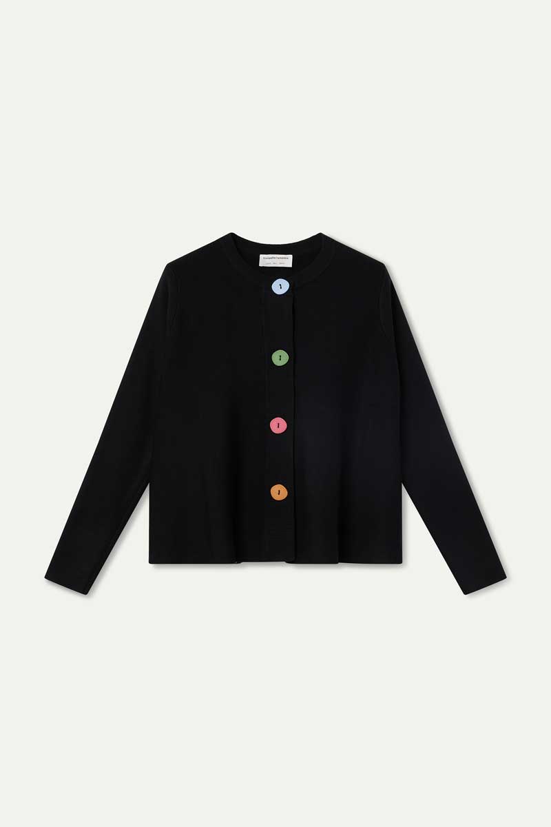 Black cardigan with large multicolor buttons
