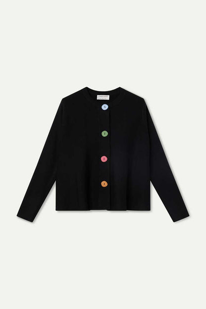 Black cardigan with large multicolor buttons
