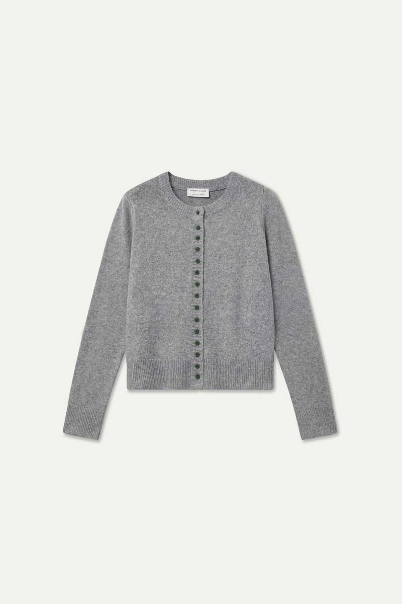 Light grey cardigan with black buttons