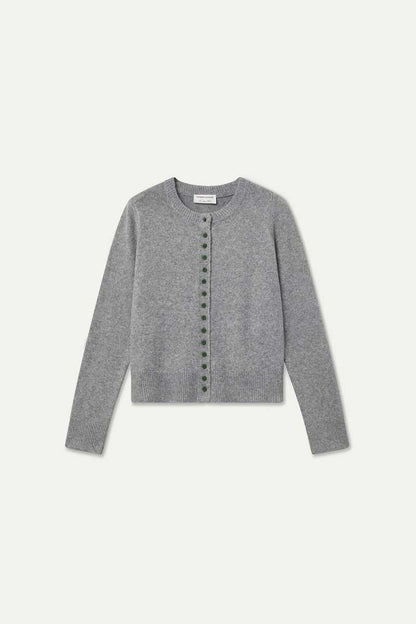 Light grey cardigan with black buttons