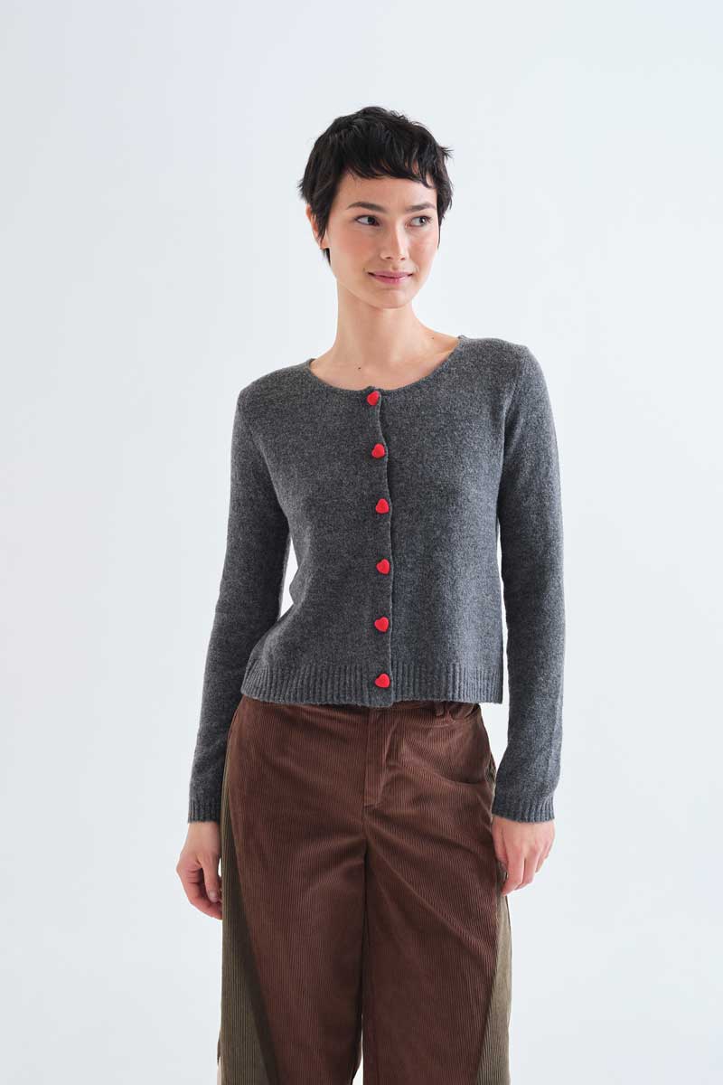 Dark gray cardigan with red heart buttons