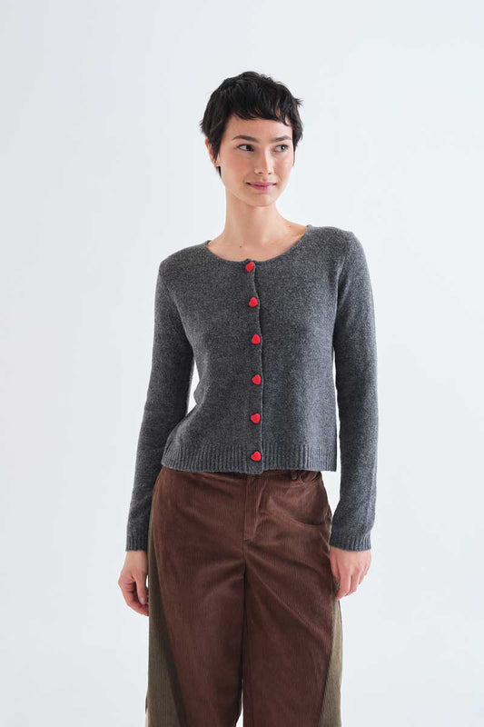 Dark gray cardigan with red heart buttons