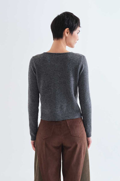 Dark gray cardigan with red heart buttons