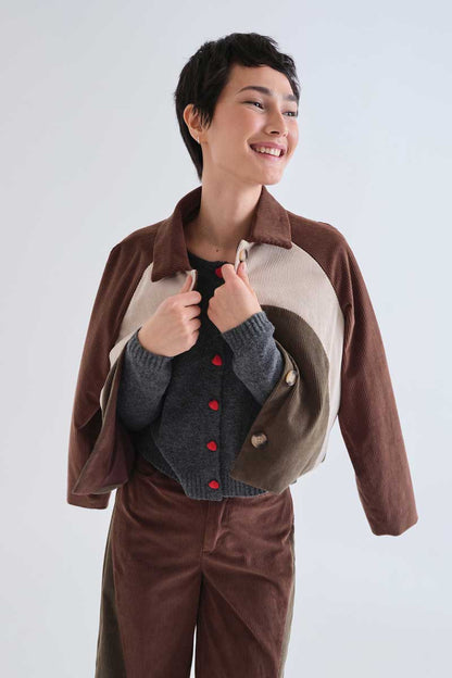 Dark gray cardigan with red heart buttons