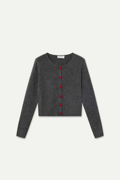 Dark gray cardigan with red heart buttons