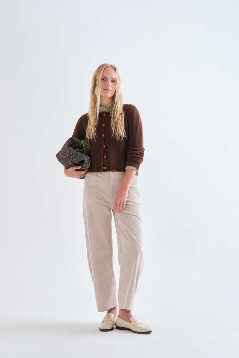 Brown cardigan with red heart buttons