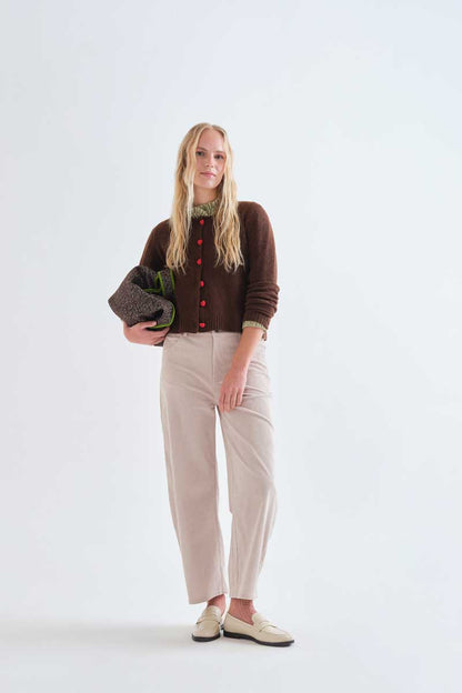 Brown cardigan with red heart buttons
