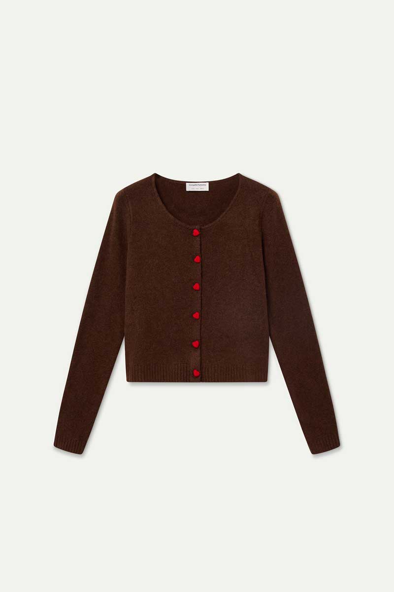 Brown cardigan with red heart buttons