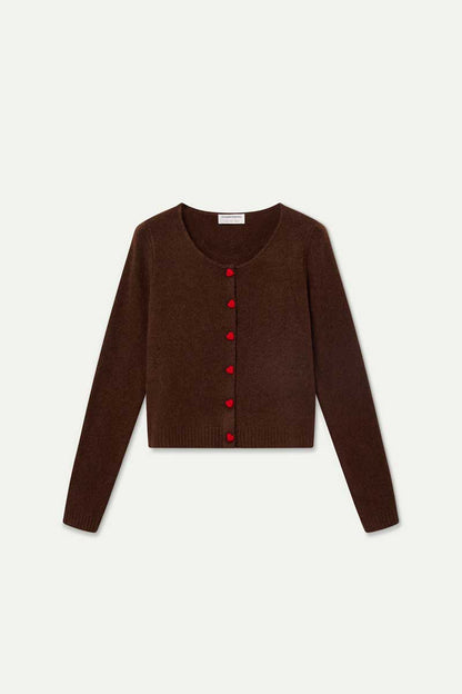 Brown cardigan with red heart buttons