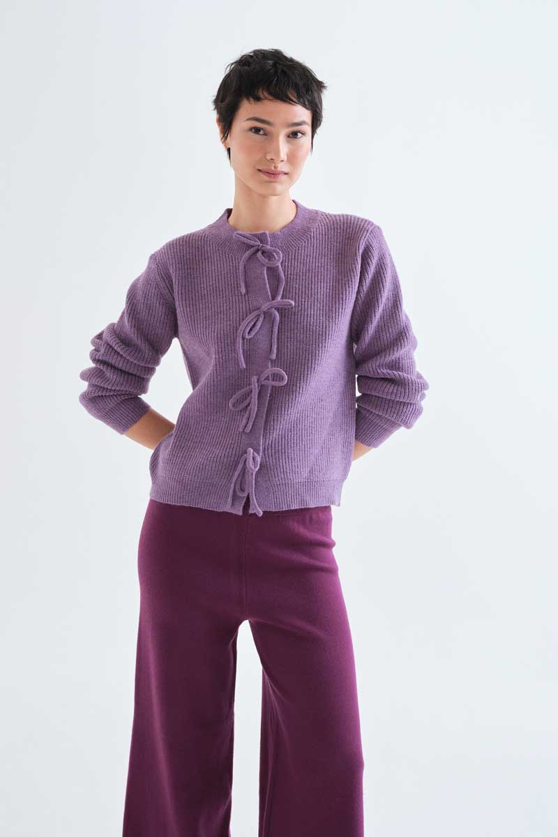 Purple knit cardigan with ties