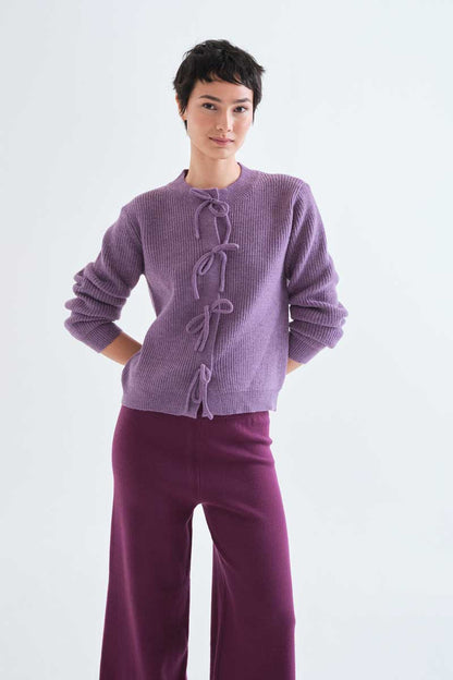 Purple knit cardigan with ties