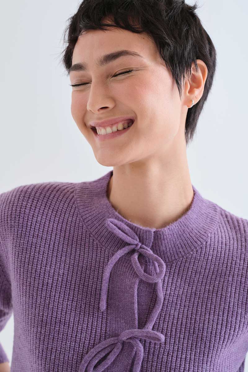 Purple knit cardigan with ties