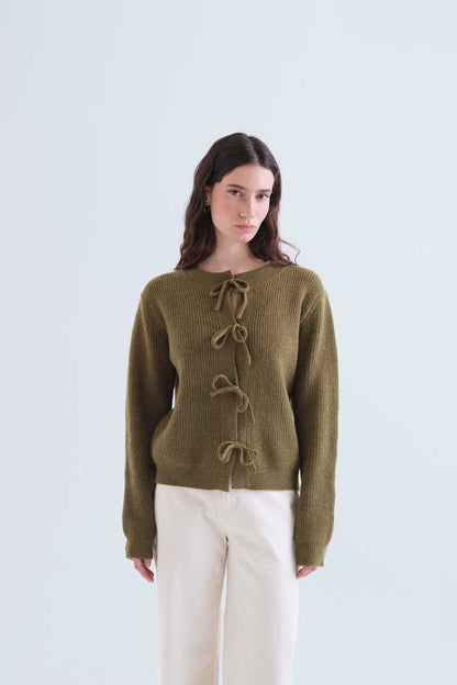Olive green knit cardigan with ties