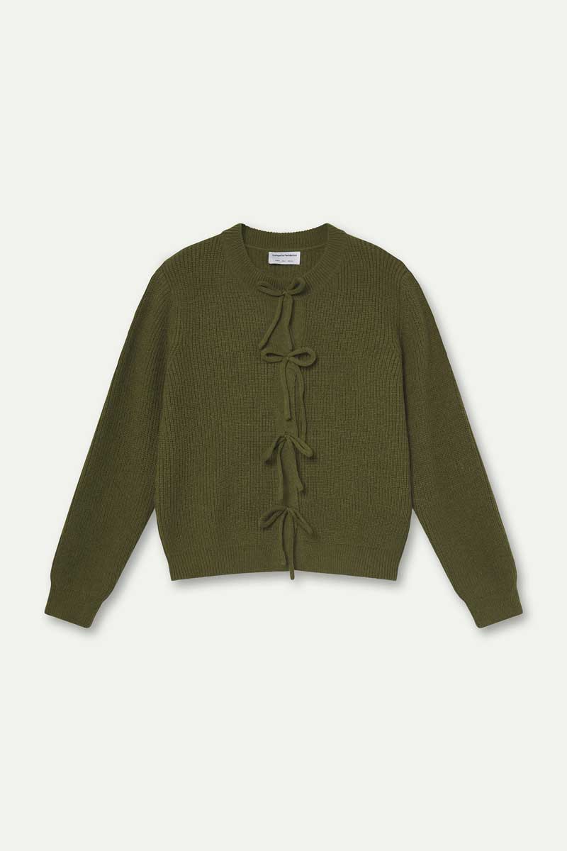 Olive green knit cardigan with ties