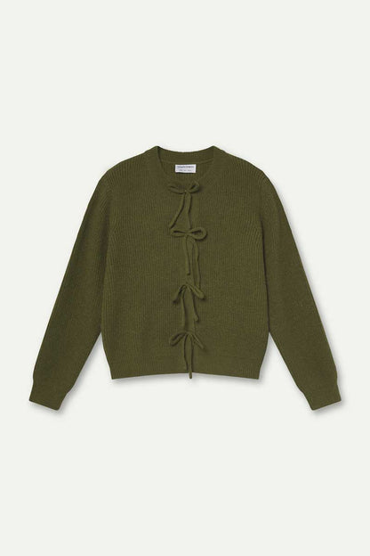 Olive green knit cardigan with ties