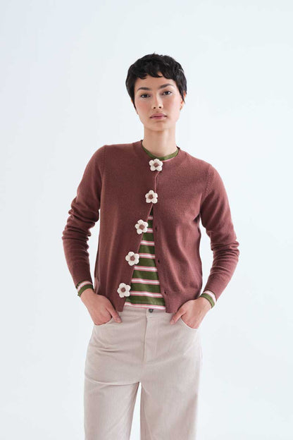 Brown knit cardigan with floral buttons