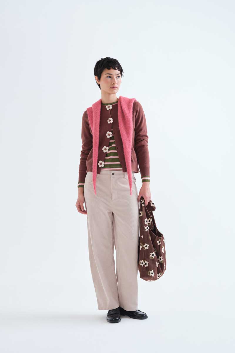 Brown knit cardigan with floral buttons