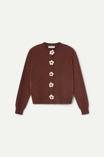 Brown knit cardigan with floral buttons