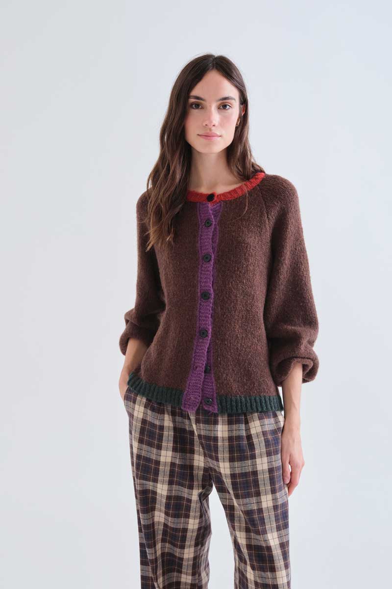 Brown knit cardigan with multi-color details