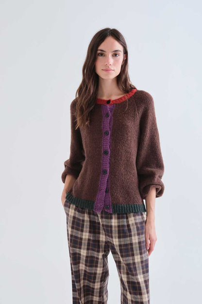Brown knit cardigan with multi-color details