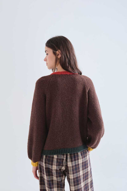 Brown knit cardigan with multi-color details