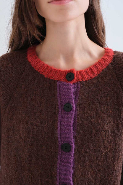 Brown knit cardigan with multi-color details