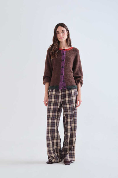Brown knit cardigan with multi-color details